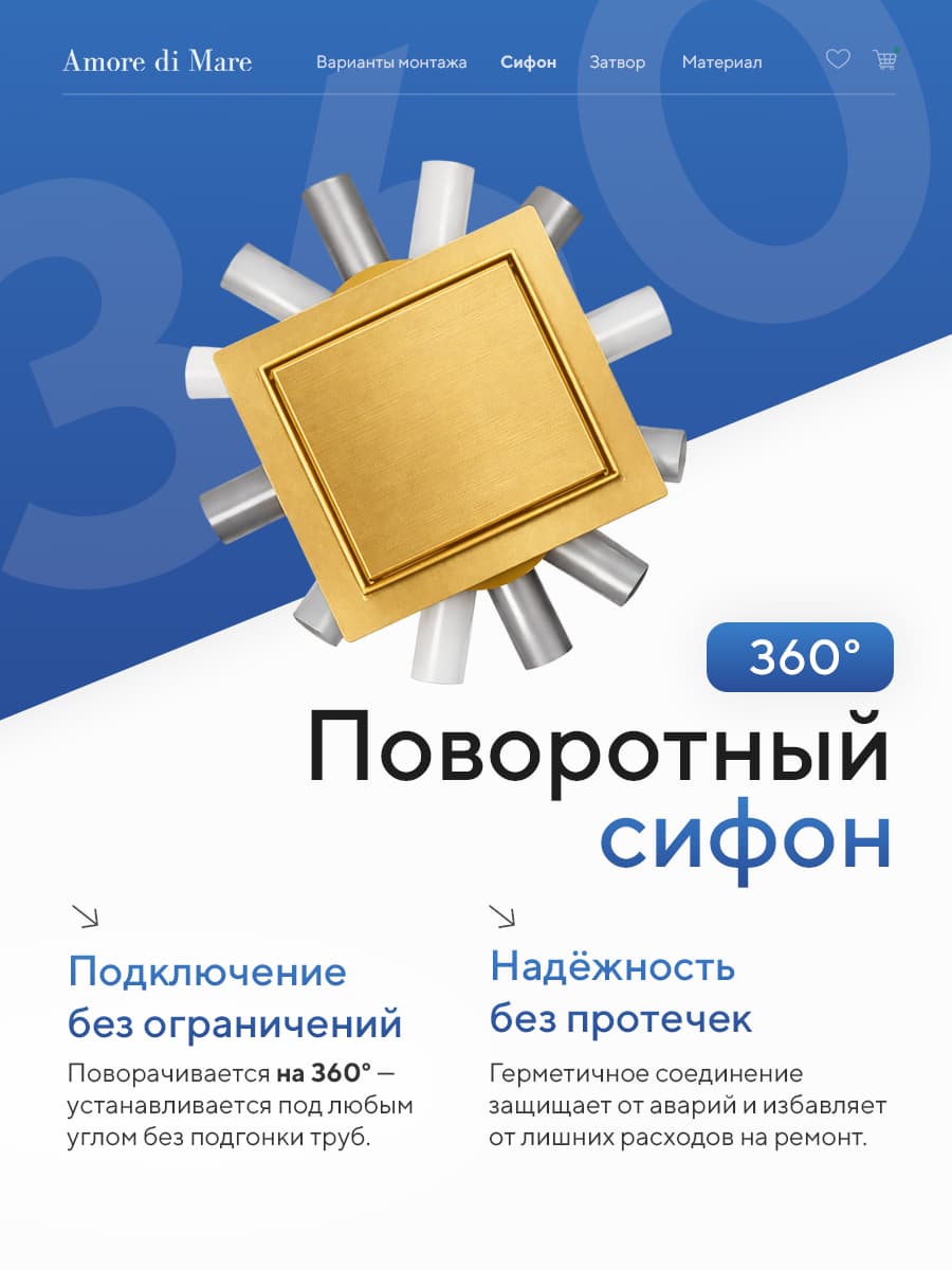 Трап для душа Amore di Mare Picco SD-15G, 150х150 мм, оборачиваемый под плитку, золото - миниатюра 3
