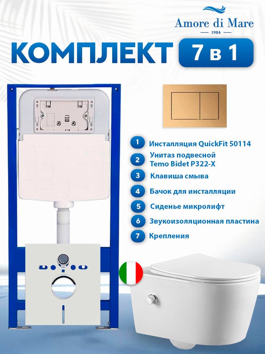 Комплект инсталляции Amore di Mare QuickFit 50114 с унитазом Temo Bidet P322-X с кнопкой 814G, 7 в 1, Италия